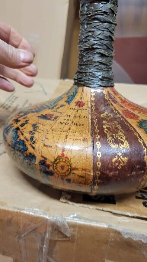 Hand Carved Vintage European Wooden Decanter Flask Folk Art  Rustic Decor Italy