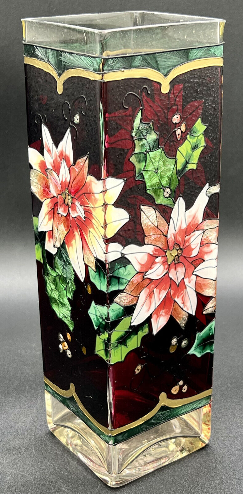 Vintage 10” Joan Baker Designs Hand Painted Stained Glass Poinsettia Vase