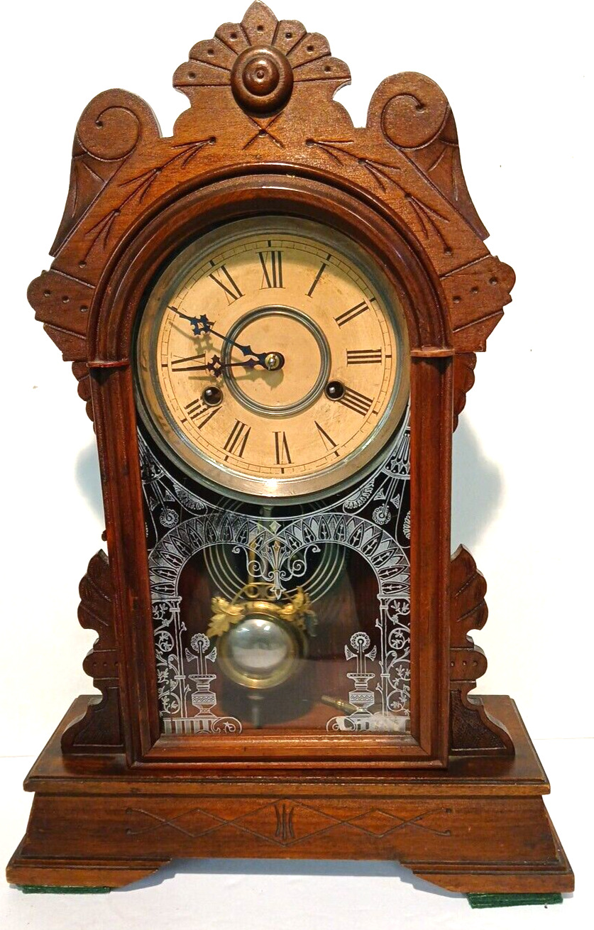 William Gilbert Mantle Clock #3 Circa 1880 Ornate Pendulem Works Well w/ Key 
