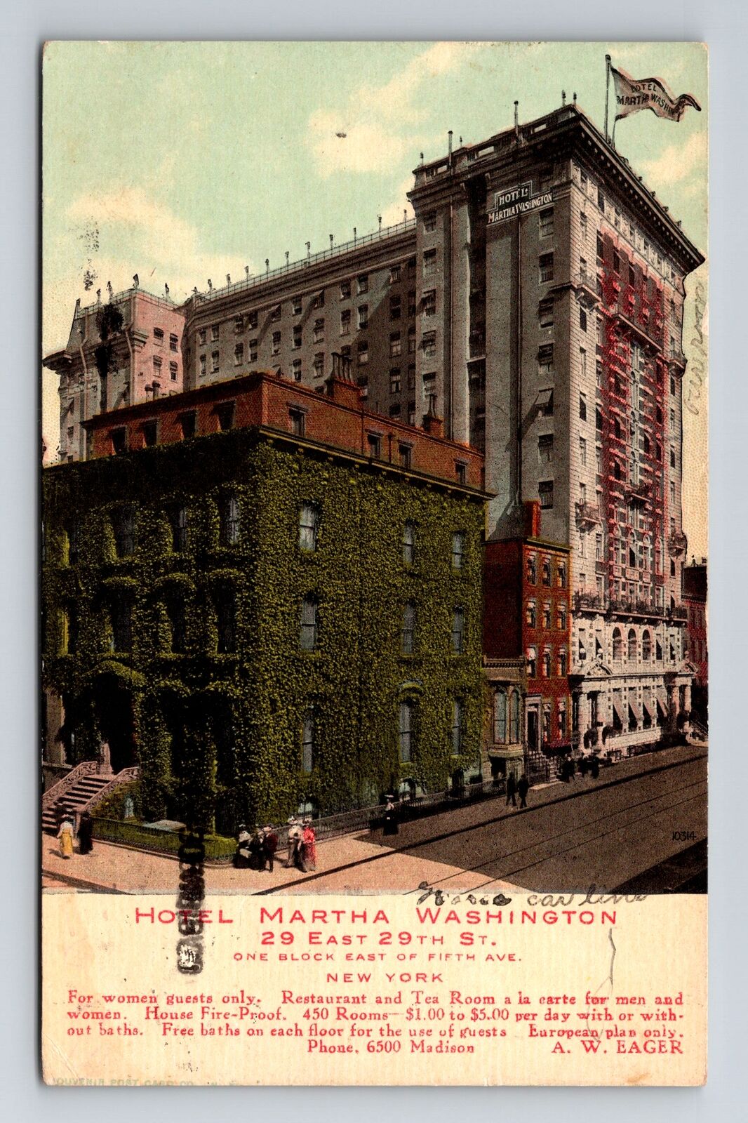 New York City NY, Hotel Martha Washington, Vintage c1910 Postcard