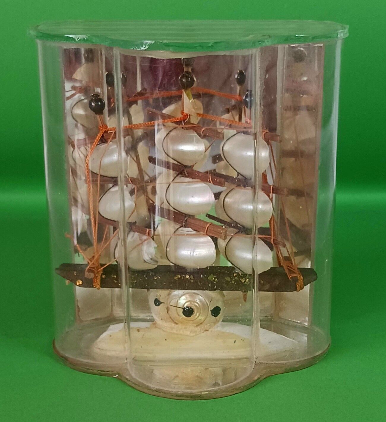 Vintage Seashell Shell Sailing Ship With Mirror Back Plastic Clear Case Display