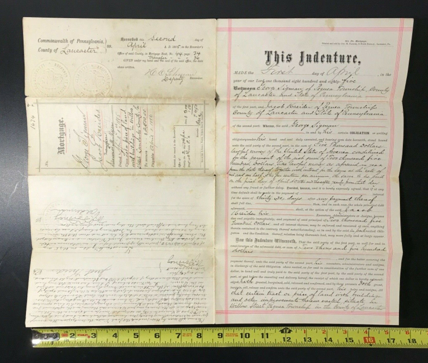 1885 - Lancaster County, PA - Indenture Deed Property - ANTIQUE HEAVY PAPER