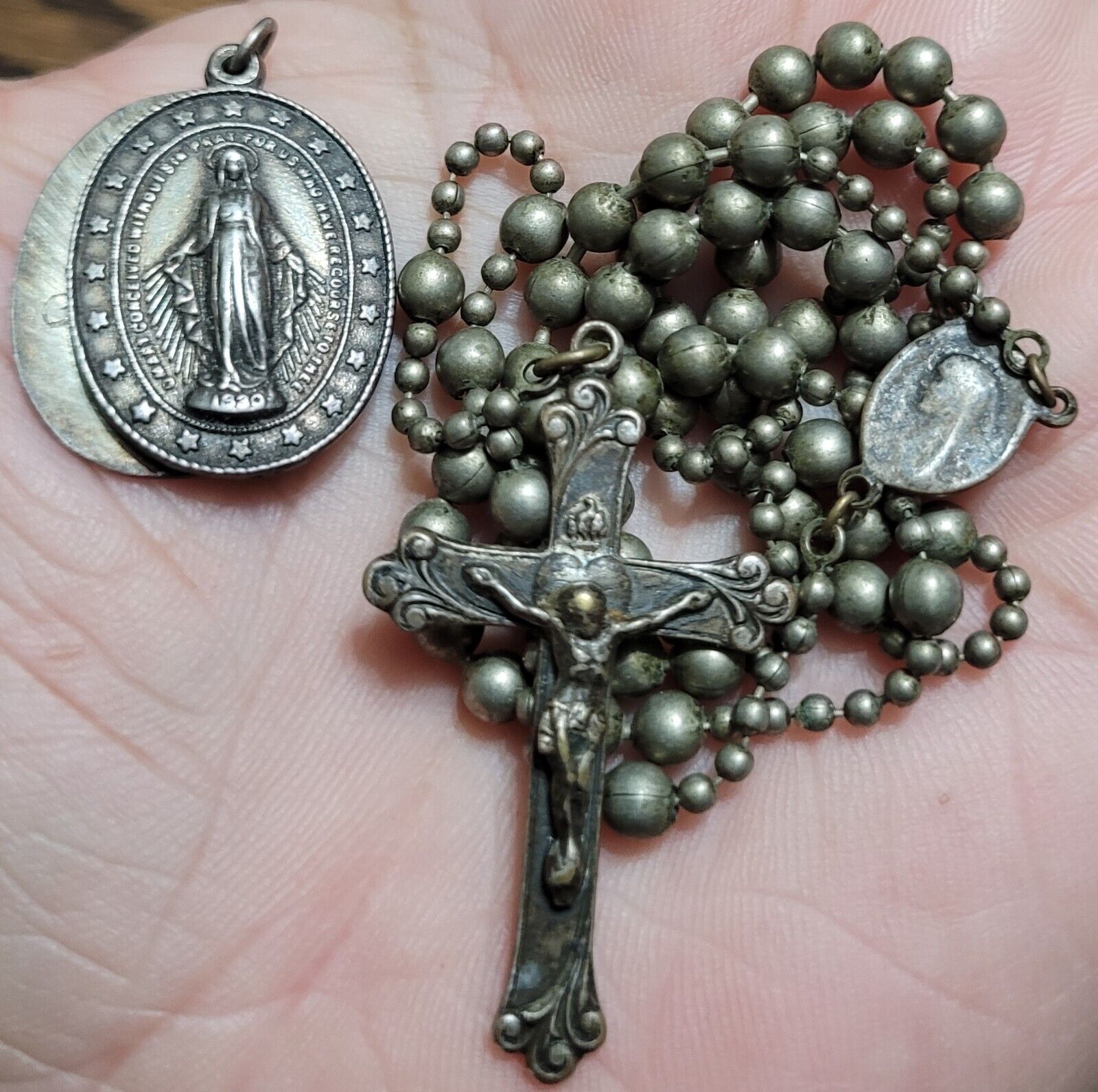 Antique Vintage WW2 Military Pull Chain Rosary Religious Crucifix Catholic Lot A
