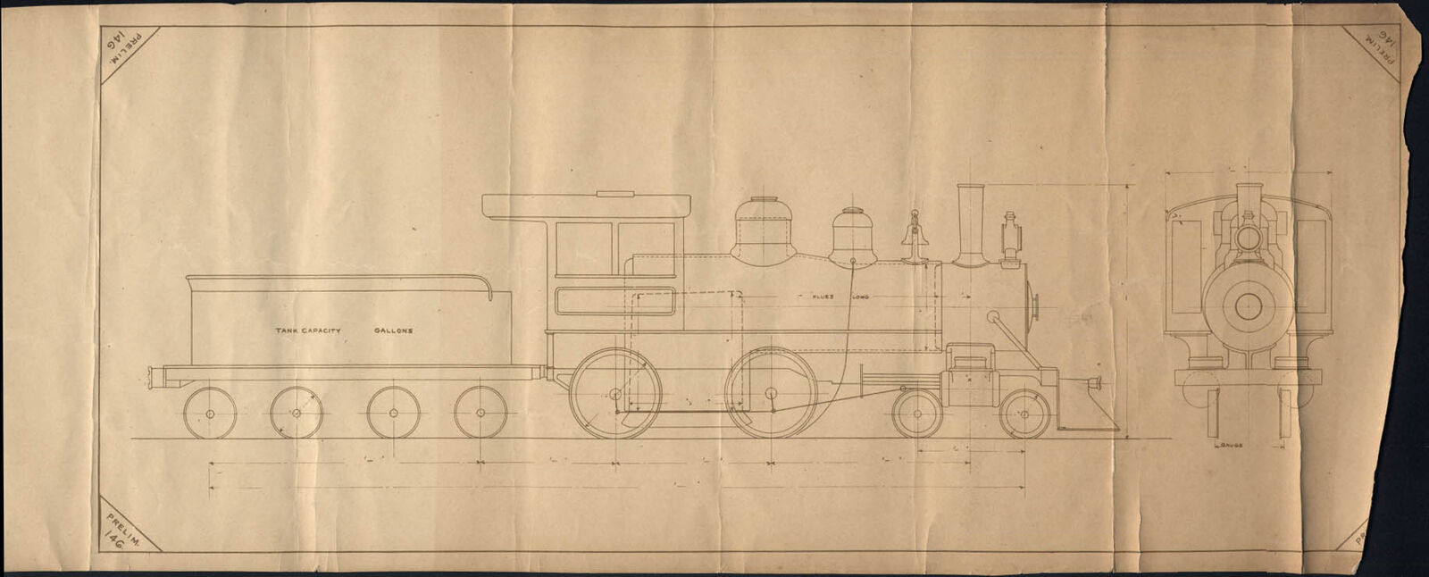 Pennsylvania RR Railroad preliminary blueprint 4-4-0 Class D16 steam locomotive
