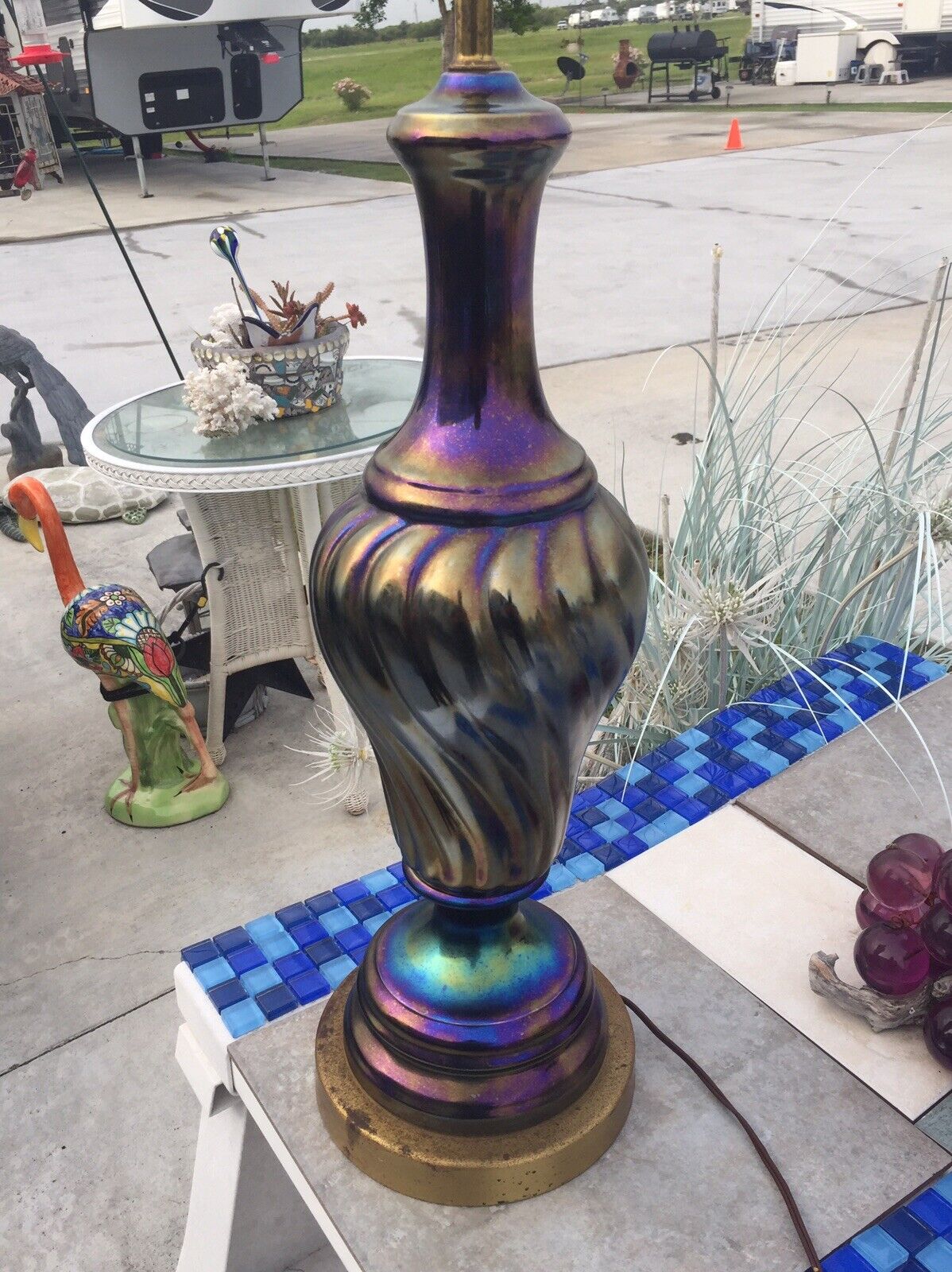 Large Vintage Blue Irridescent glass Lamp Hollywood Regency Art