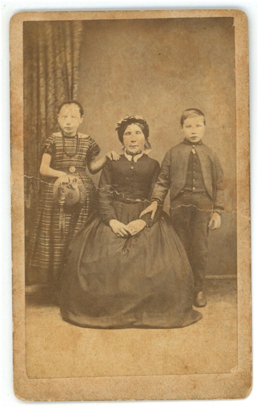 Antique CDV Circa 1870s Mohr Older Woman With Two Sweet Kids Wilster, Germany