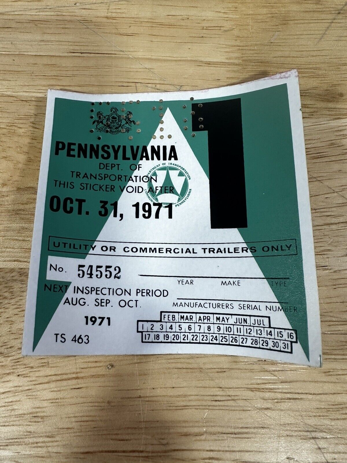 Vintage Original 1971 PA Pennsylvania Inspection Sticker Antique Car or Truck