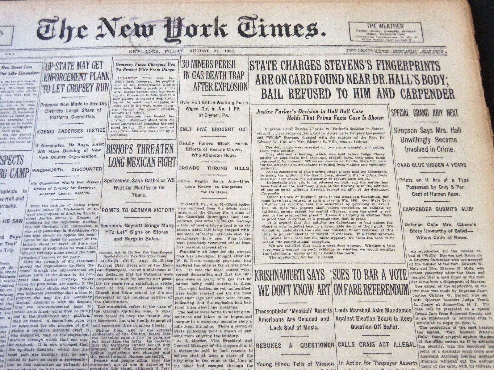 1926 AUGUST 27 NEW YORK TIMES - STEVENS AND CARPENDER DENIED BAIL - NT 5597