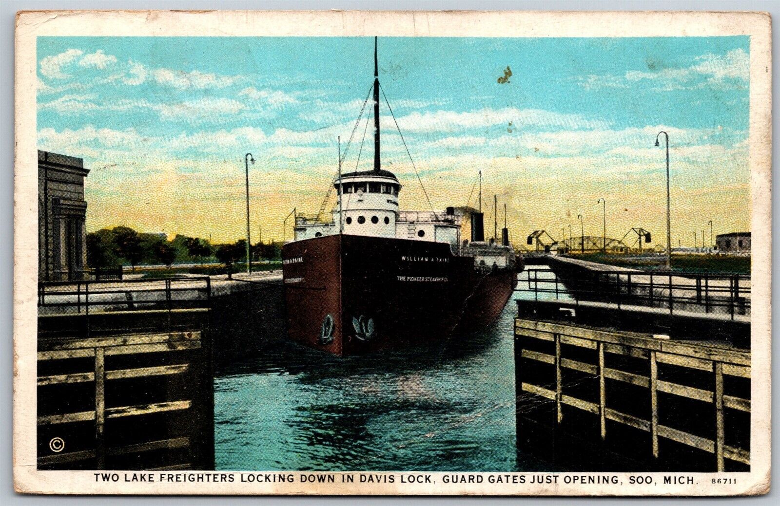 Vtg Soo Michigan MI Two Lake Freighters Locking Down Davis Lake 1920s Postcard