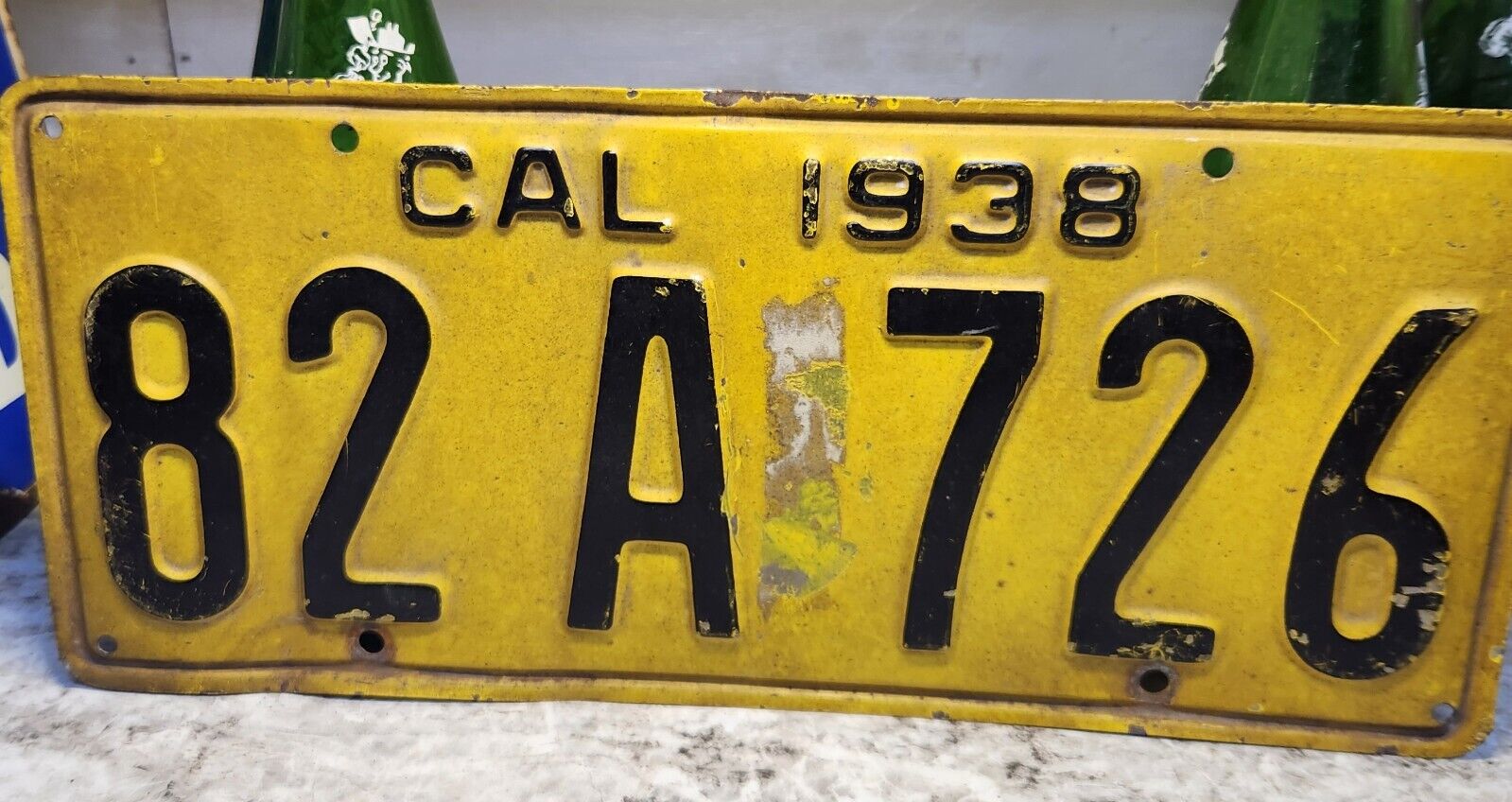 1938 California Yellow & Black License Plate '82 A 726' Original Paint