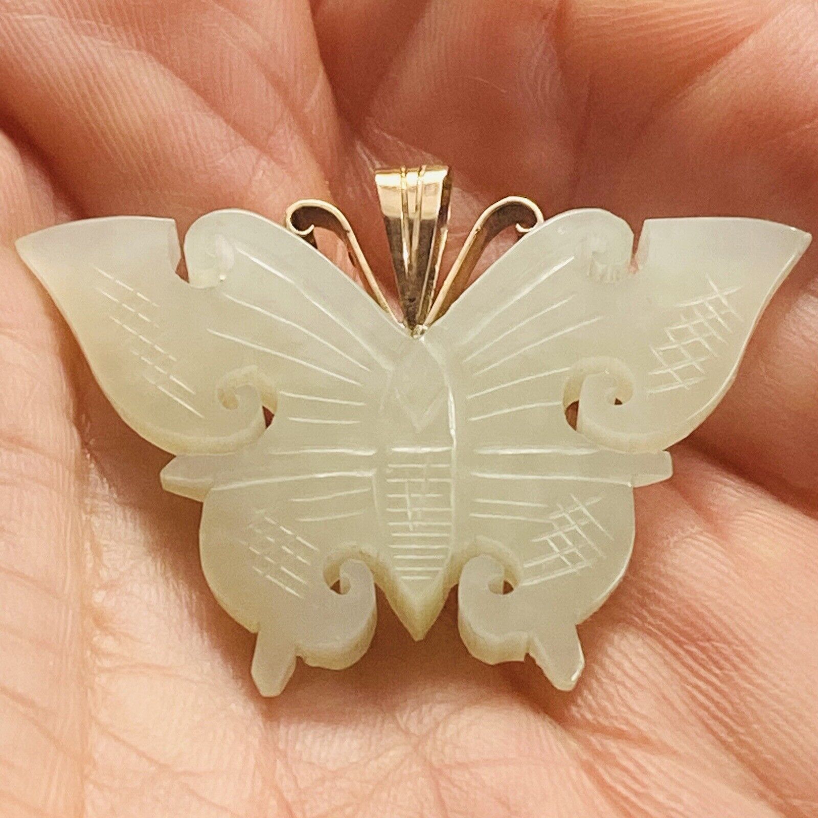 10K Yellow Gold Mutton Fat Jade Double Side Carved Butterfly 43mm Pendant 9.8g