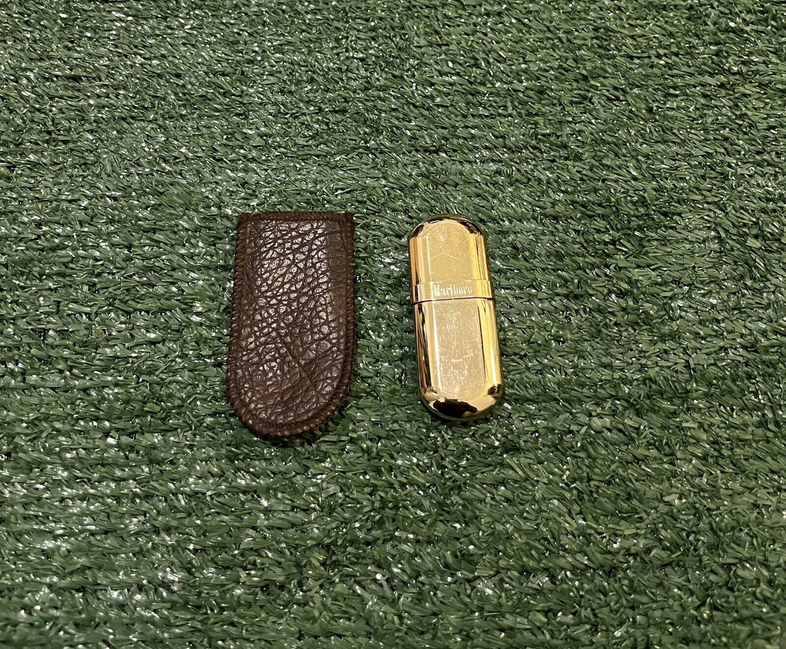 VINTAGE Gold Marlboro Butane Lighter Leather Case Empty