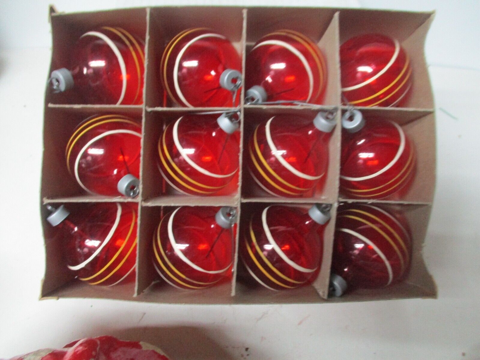 12 Vintage PREMIER Matching Red Unsilvered Glass Christmas Ornaments in Orig Box