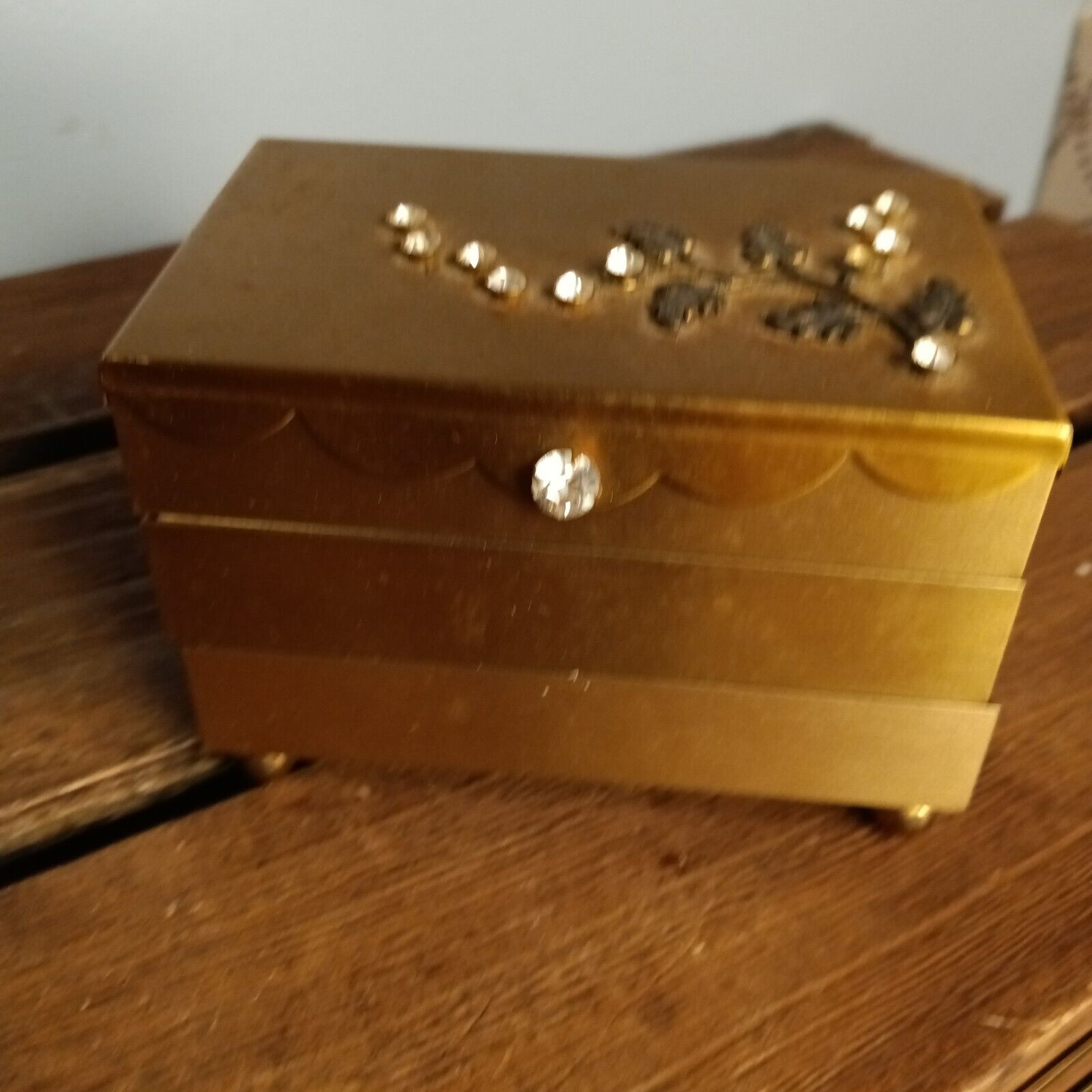 Vintage Metal Gold Tone 3 Tiered Jewelry Box, Hinged, Folding, Rhinestones 