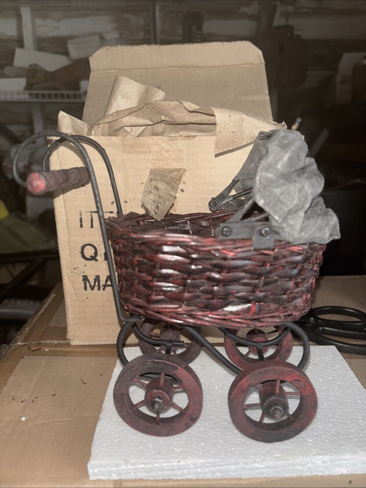 Vintage Antique Miniature Baby Carriage Wooden Wheels w/Canvas