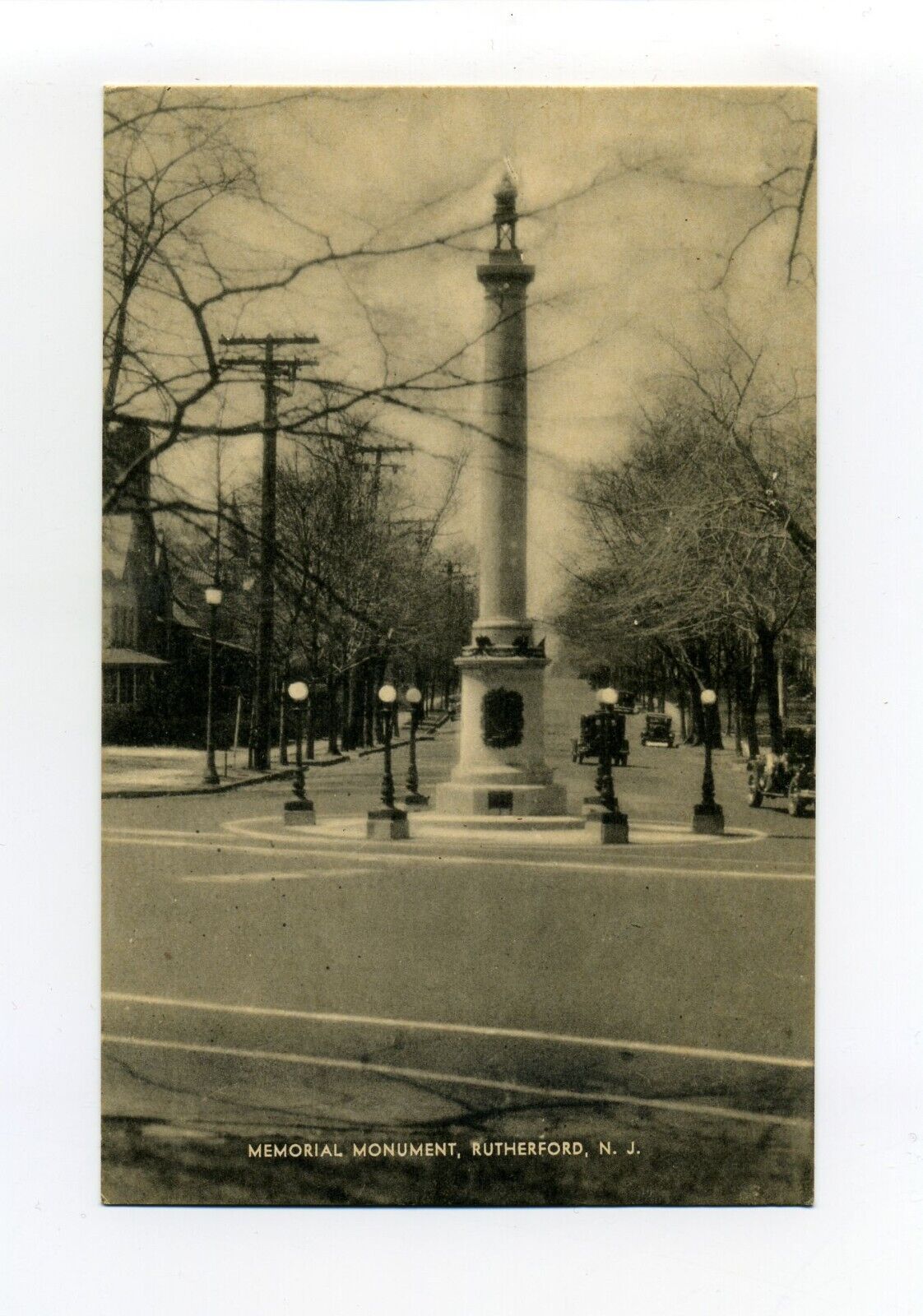 Rutherford NJ (Bergen Co) WWI Monument, street view, old cars, vintage postcard