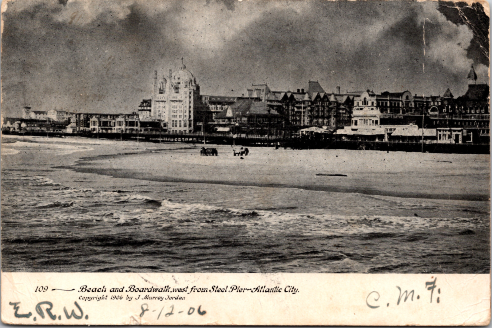 Beach And Boardwalk, Atlantic City, New Jersey, Vintage Postcard