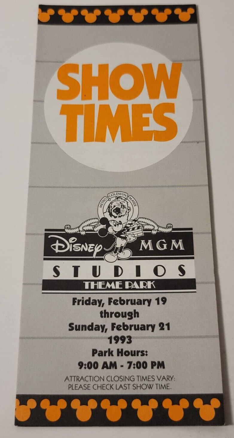 Vintage Walt Disney World MGM Studios Show Times February 19- February 21 1993