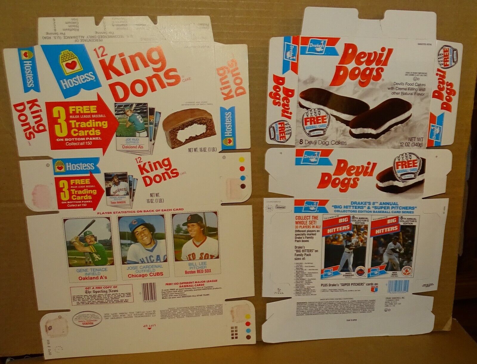 1988 Drake's Devil Dogs & 1975 Hostess King Dong Boxes (w/ cards) Bill Lee, etc.