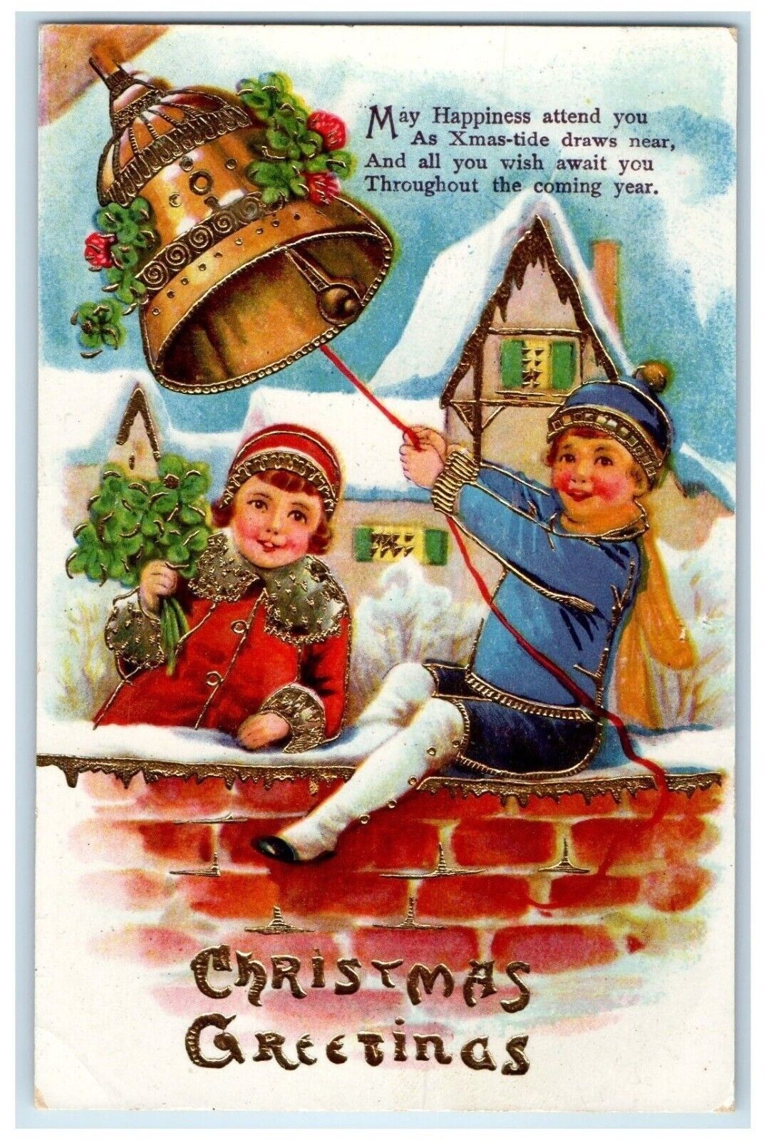 c1910's Christmas Greeting Children Ringing Bell Shamrock Gel Gold Gilt Postcard