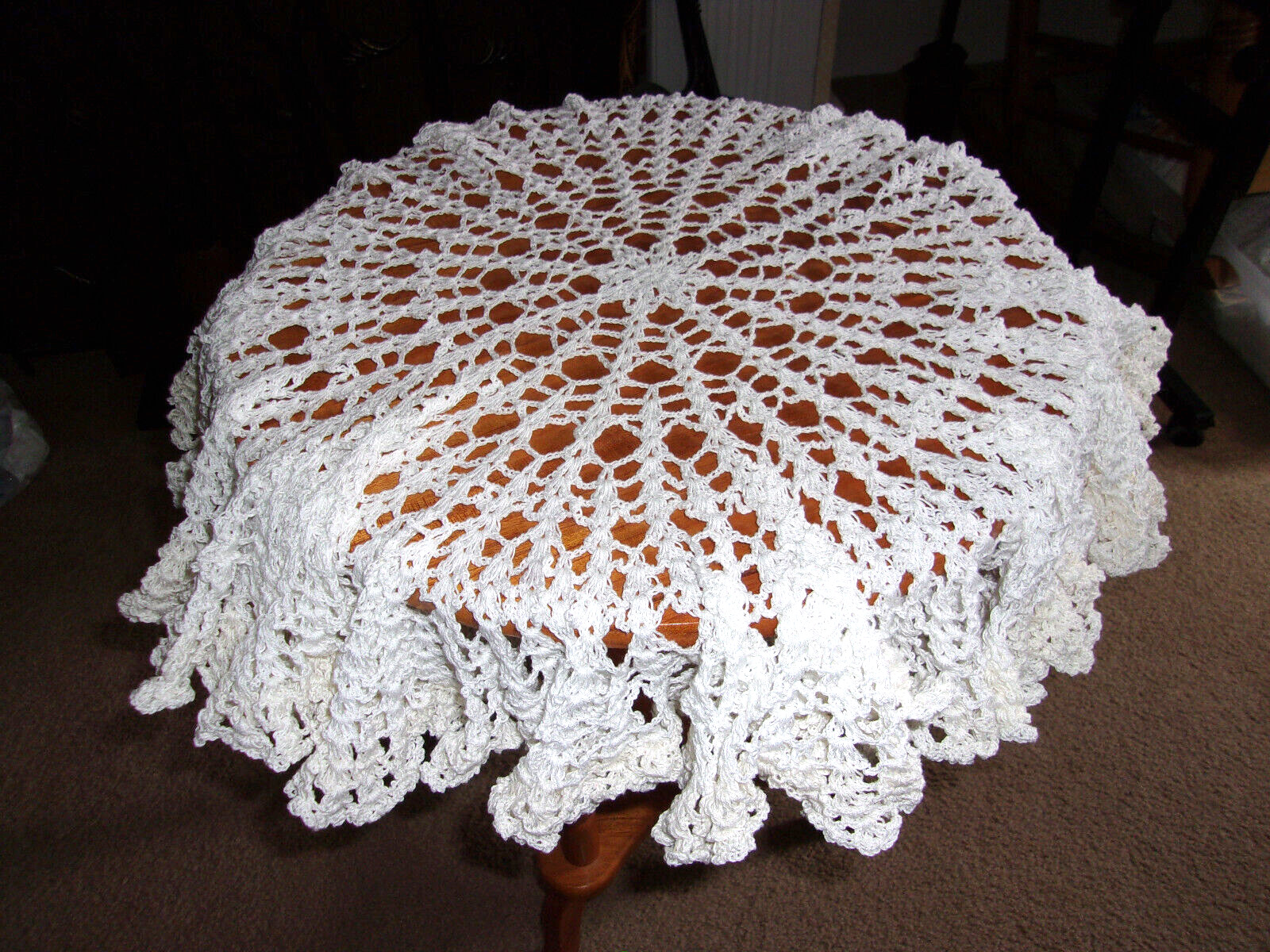 Crocheted DOILY Cottage Double Ruffle Round White Large 25” Vintage