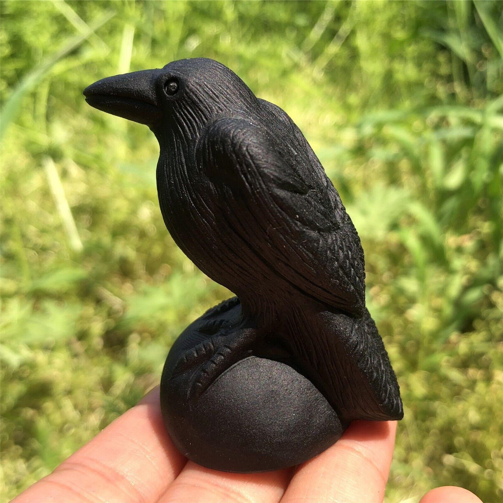 Hand Carved Black Obsidian Crow Crystal Carving Healing Home Garden Decoration