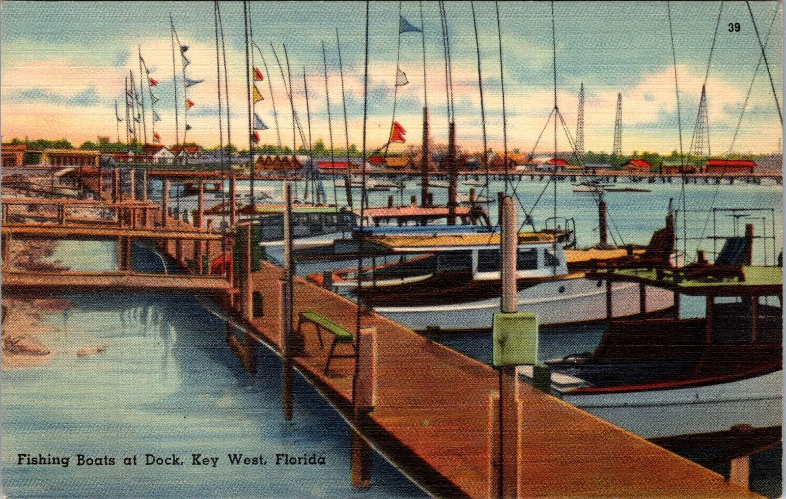 vintage Linen Postcard 69322 ~ Fishing Boats at Dock, Key West, Florida Unposted