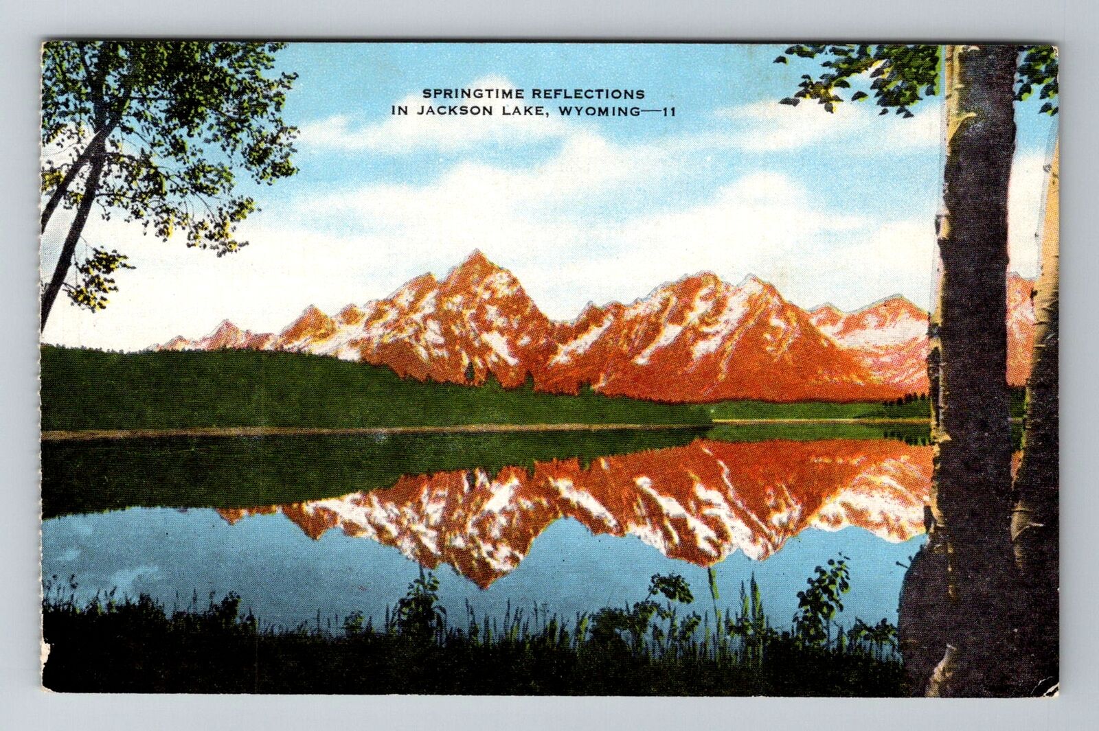 Jackson Lake WY-Wyoming, Springtime Reflections, Antique, Vintage Postcard