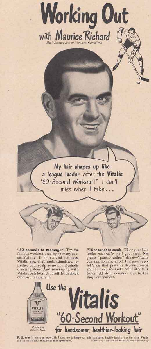1949 Vitalis: Working Out with Maurice Richard Vintage Print Ad