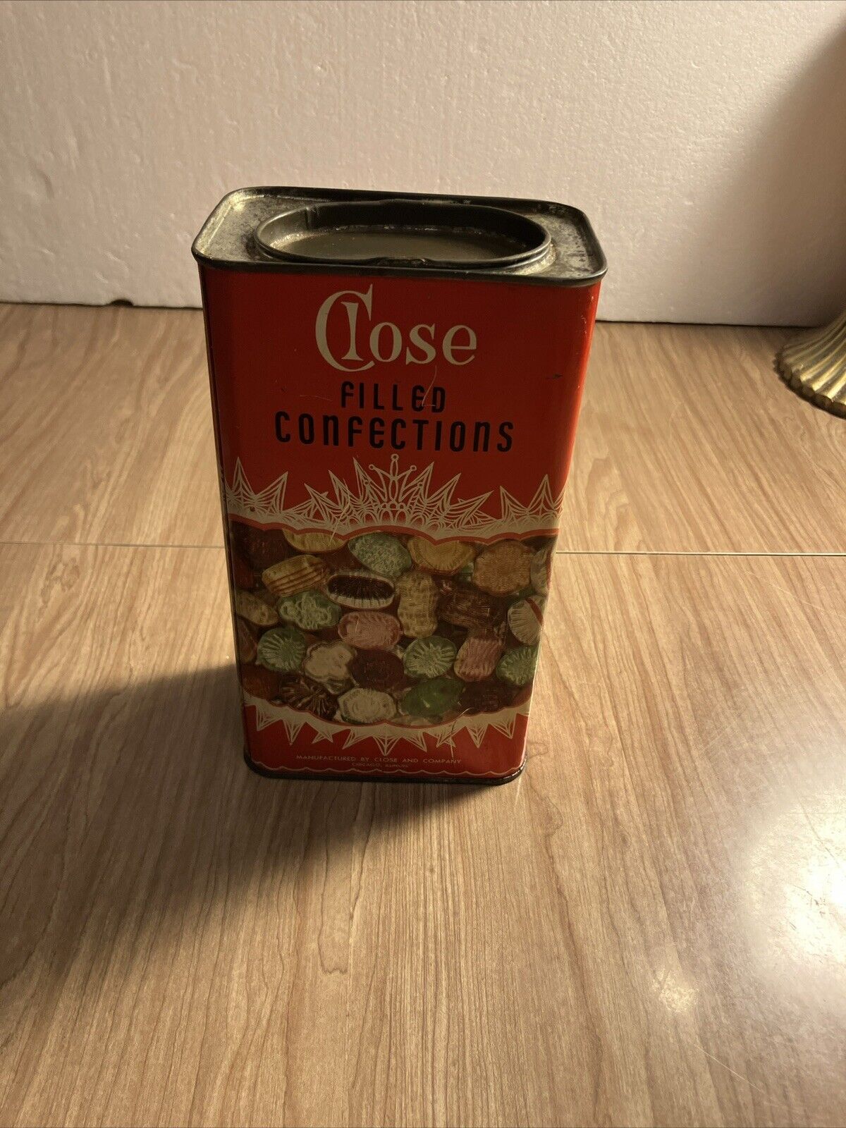 Vintage Close Filled  Confections Candy  Tin Container Chicago IL Vintage