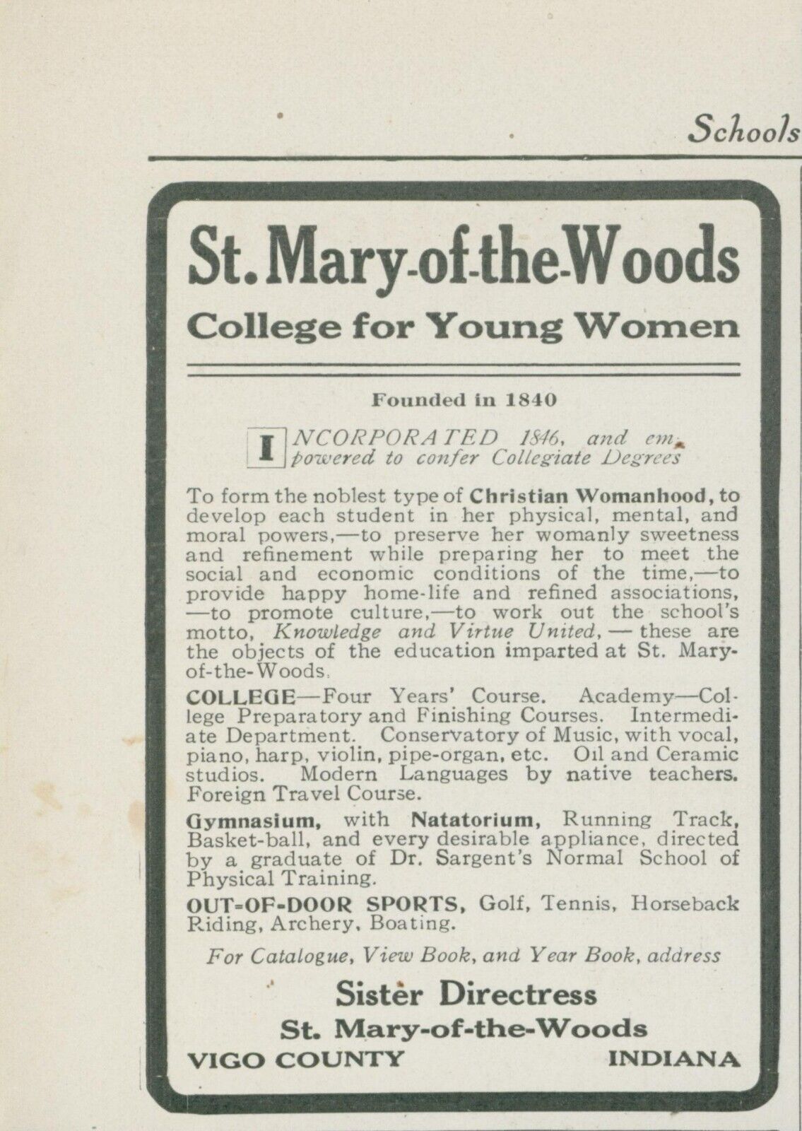1910 St Mary Of The Woods College For Young Women Vigo IN Vintage Print Ad CO2