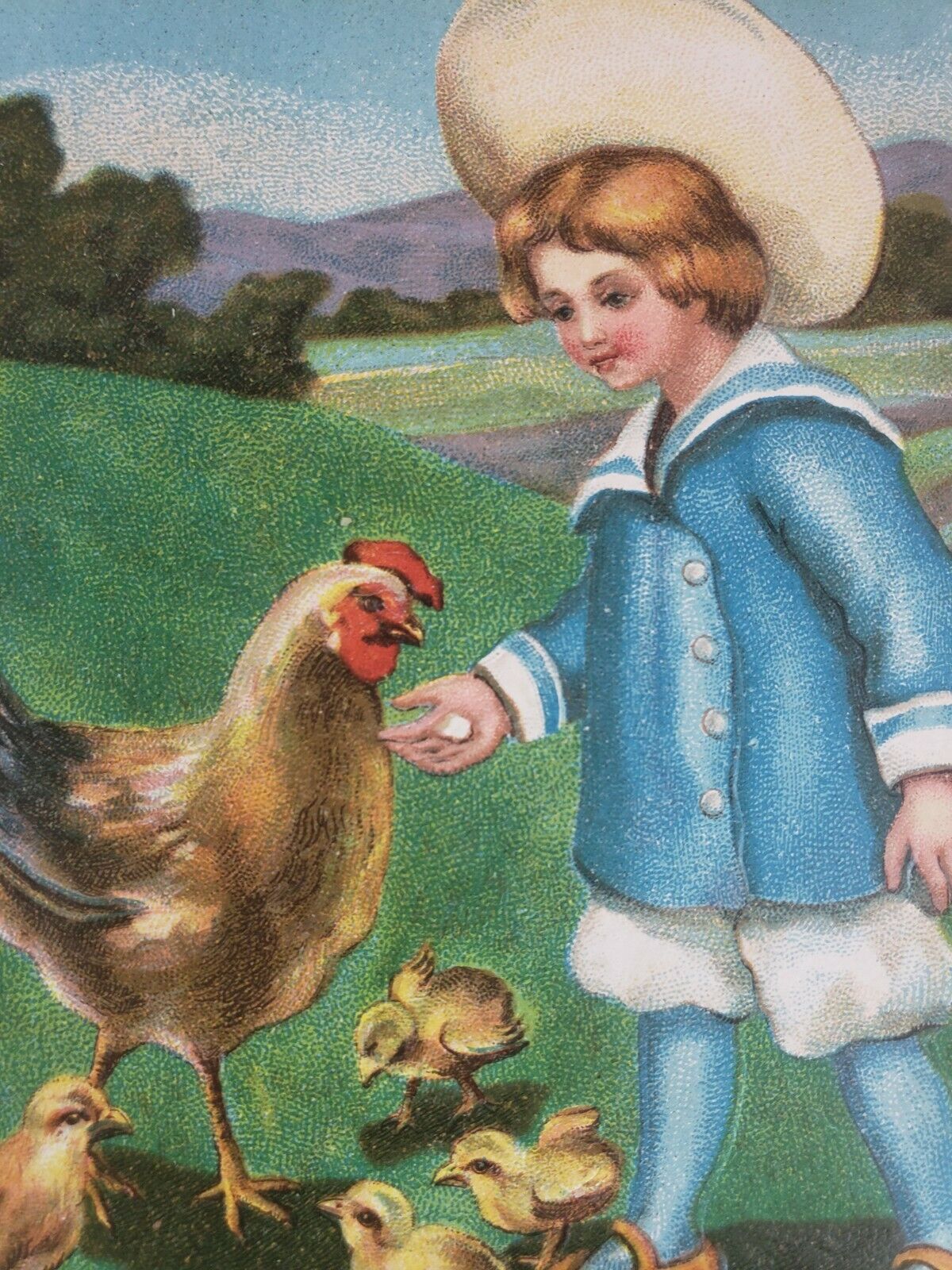 C 1910 A Merry Easter Victorian Boy Feeds Mother Chicken & Baby Chicks Postcard