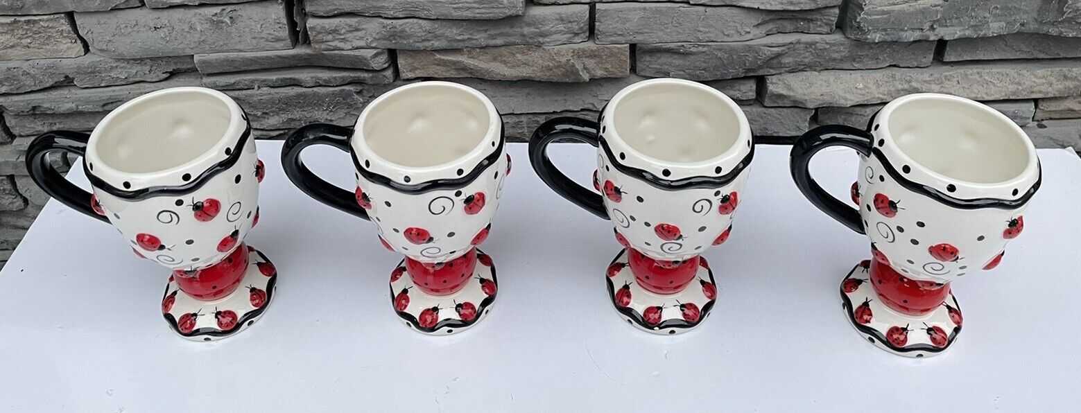 Lady Bug Mug Cup Set Of 4 Burton & Burton 3D Pattern Raised Relief