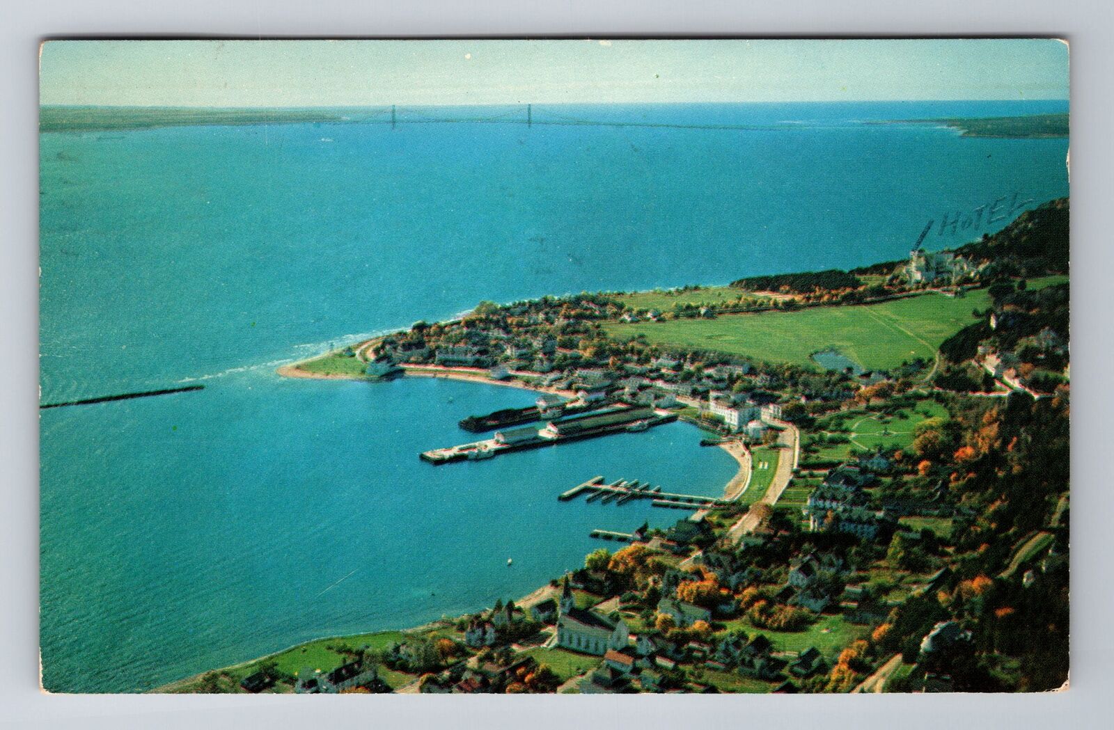 Mackinac Island MI-Michigan Aerial The Mackinac Bridge Vintage c1958 Postcard