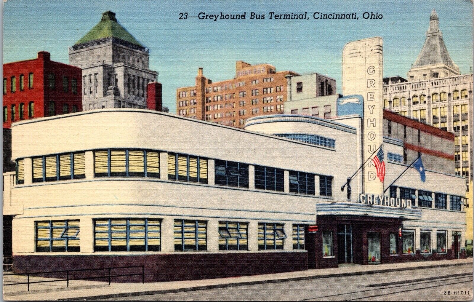 Greyhound Bus Terminal Cincinnati OH Postcard Art Deco Architecture Linen Vintag