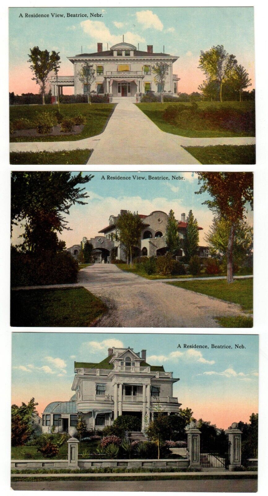 Beatrice NE-Nebraska, Lot of 3, Residence View, 1907+ Divide Back, Unused
