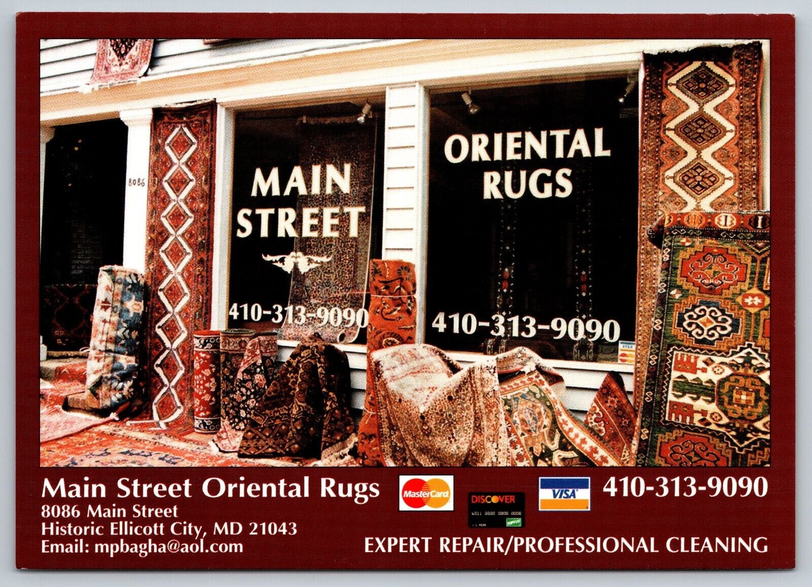Postcard Maryland historic Ellicott City Main Street Oriental Rugs Advert 4D
