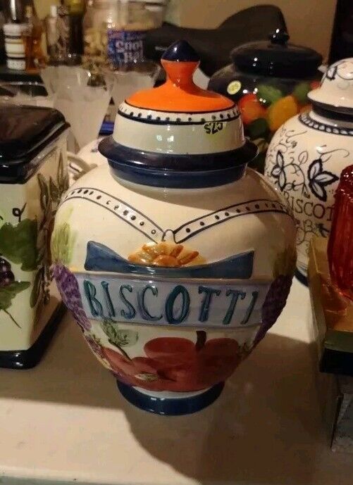 Vintage BISCOTTI Italian Ceramic Cookie Jar Nonni’s Canister Embossed Fruit 12”