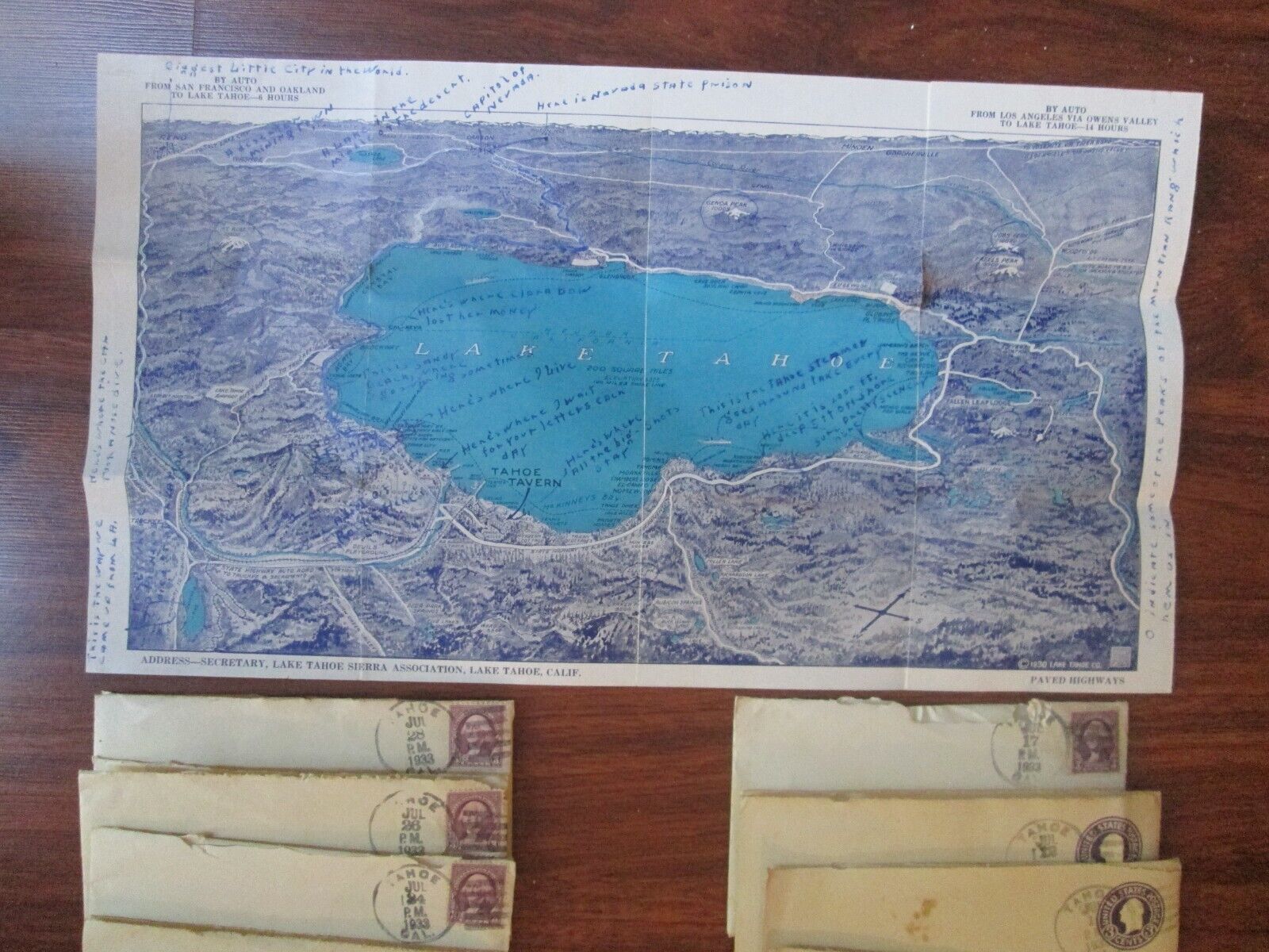 1930s Lake Tahoe California Map Brochure and Handwritten Letters