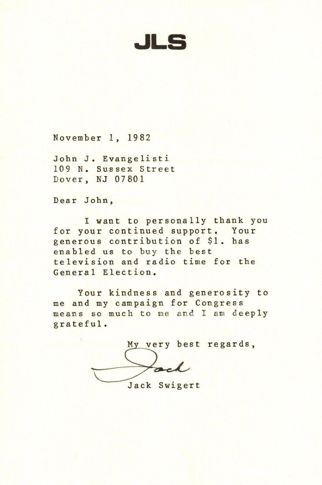 Jack Swigert - RARE Typed Letter Signed - Sent One Month Before His Death