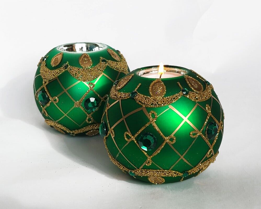 Sorelle Set 2 CHRISTMAS Glass Ornament GREEN Tea Light Candle Holder Votive 3.5\