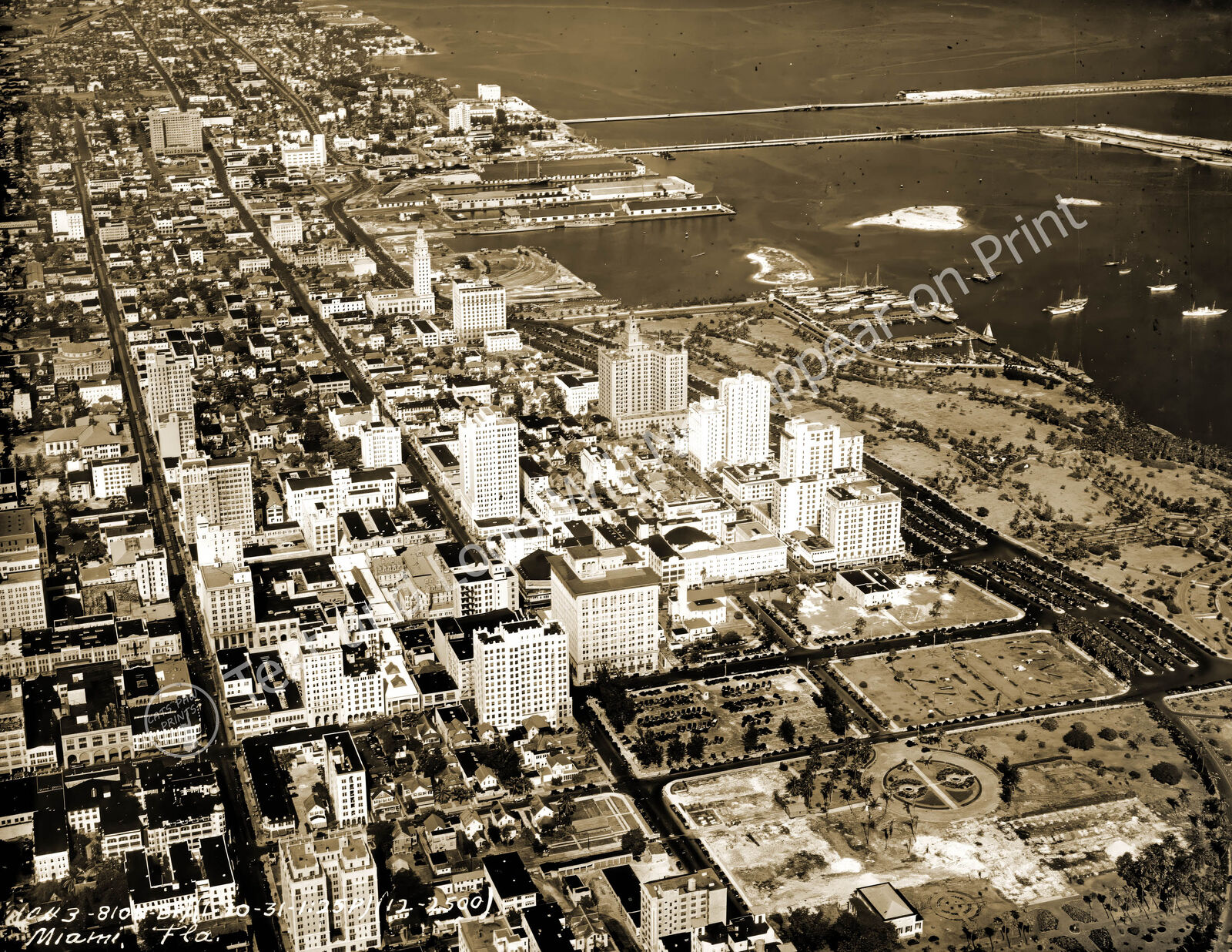 1945 Aerial View of Miami, Florida Vintage Old Photo Reprint