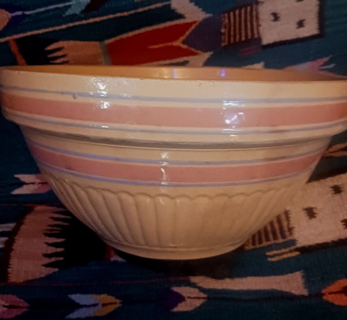 **AWESOME LG. ANTIQUE CROCK MIXING BOWL PINK BLUE STRIPE YELLOW WARE VERY NICE\