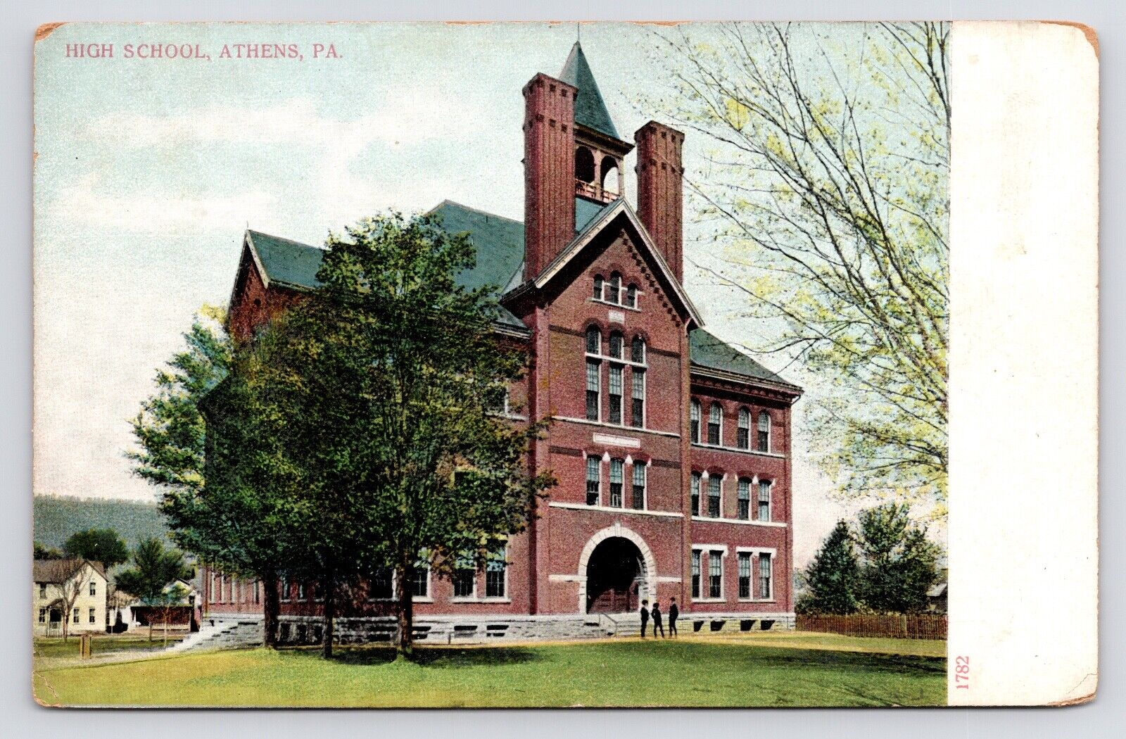 c1905 High School Kids~Street View Athens Pennsylvania PA Antique Postcard