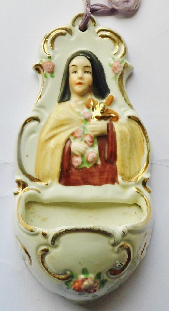 St. Therese Vintage Holy Water Font or Stoup German Biscuit Porcelain 5 1/2 in