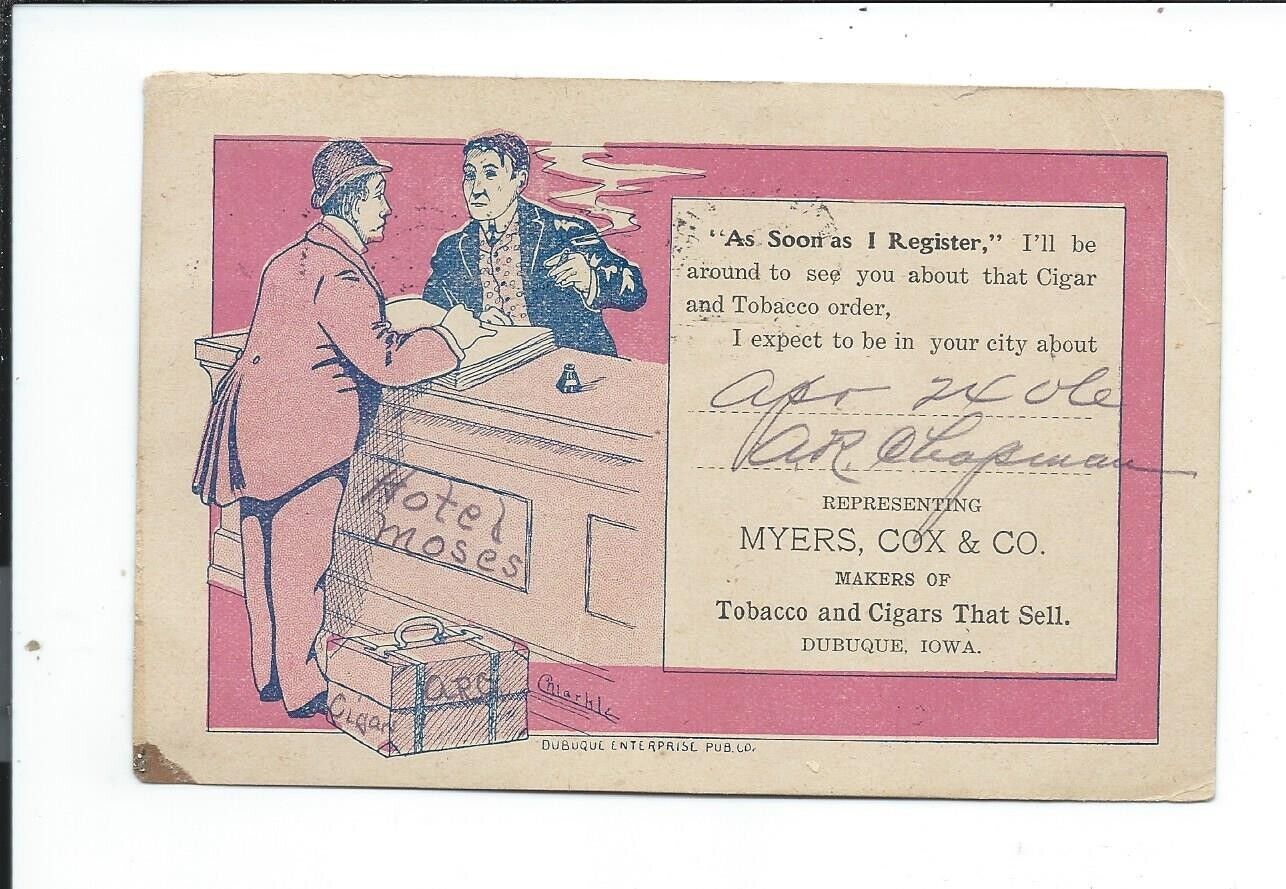 Postcard Post Card Dubuque Iowa Ia Advertising Tobacco Cigars Myers Cox Company