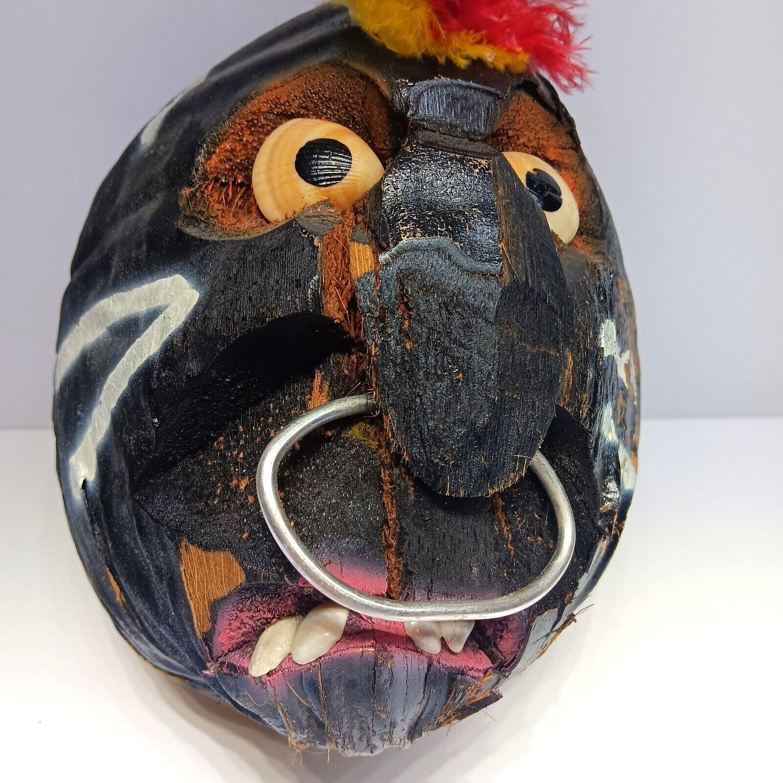 Large Ugly Angry Vintage Hanging Carved Real Coconut Native Head Tiki Hawaiian