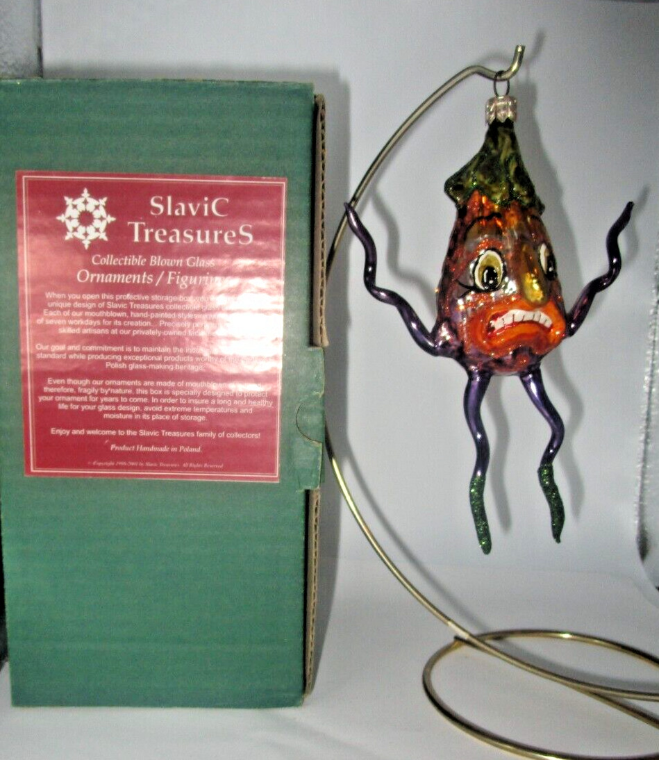 Slavic Treasures CURLY PUMPKIN Halloween Jack O Lantern Glass Ornament + Box