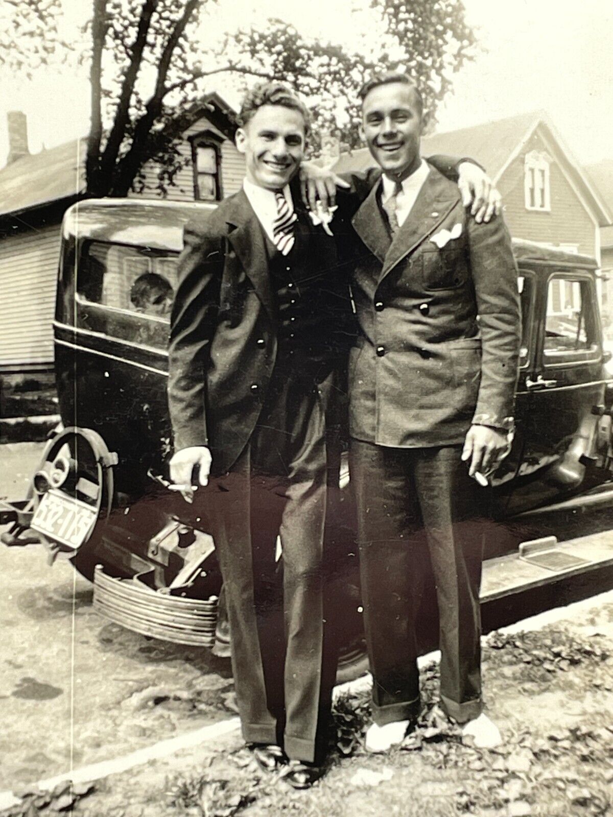 YH Photograph Two Men Embrace Suits Old Car 1935 Deco Border Around Photo 1930's
