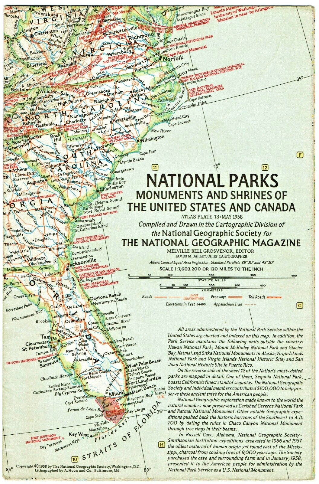 ⫸ 1958-5 May Vintage Map NATIONAL PARKS of USA US National Geographic - B (A)